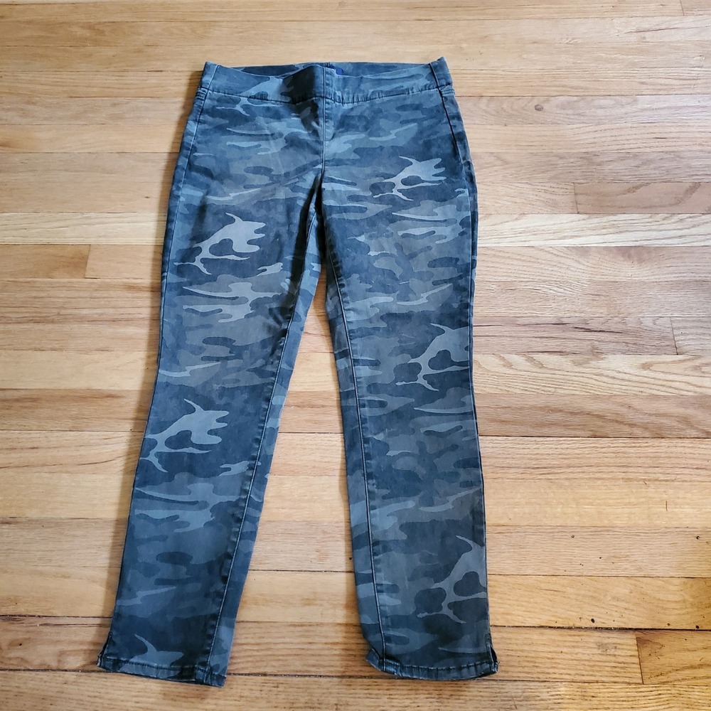 NYDJ Camo Print Pull On Leggings Lift Tuck Grey Green Slim Ankle Pants Size 8